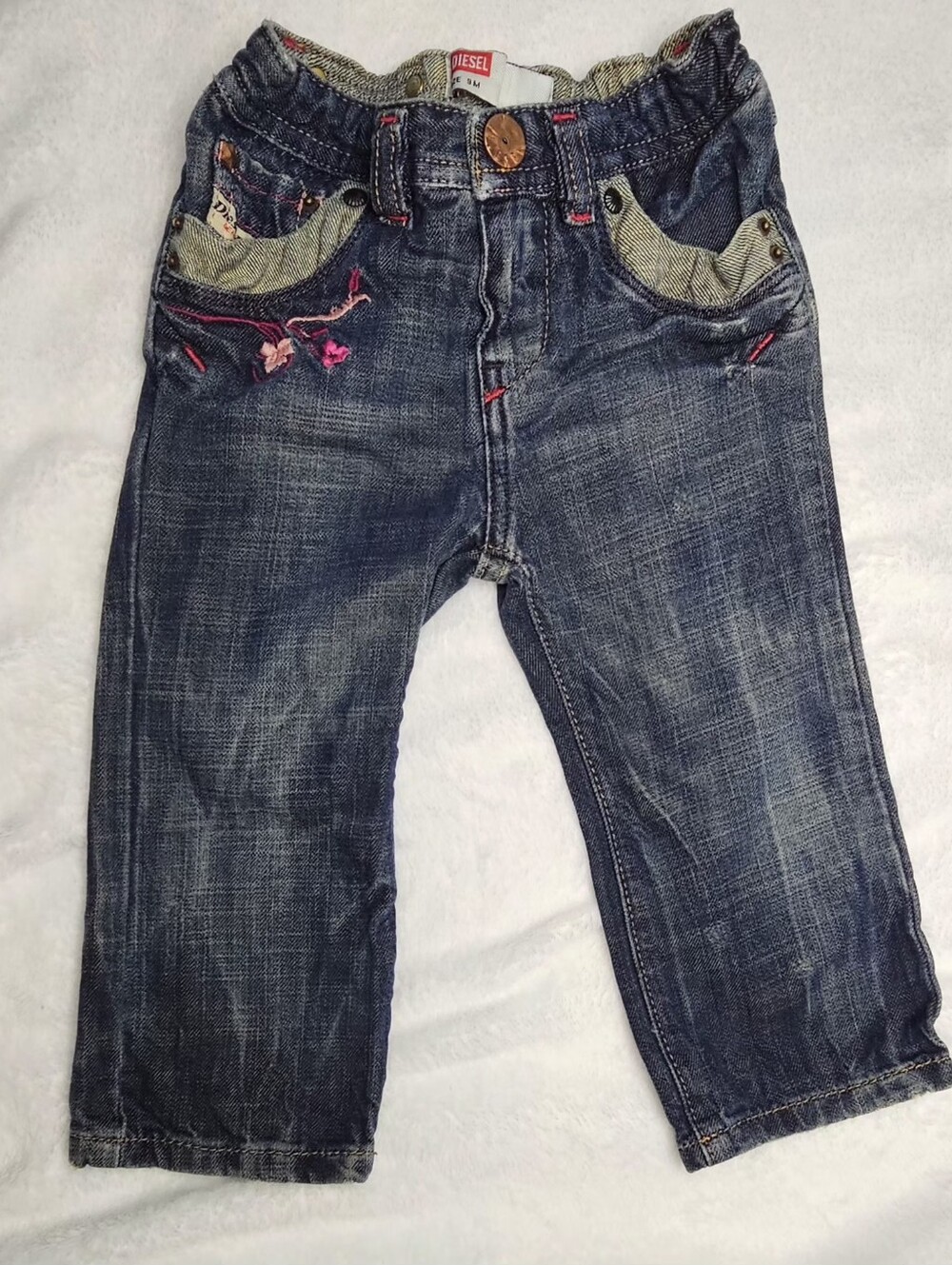 Vintage DIESEL Baby Girl Jeans 9M EUC Dark Wash Pink Floral Embroidered